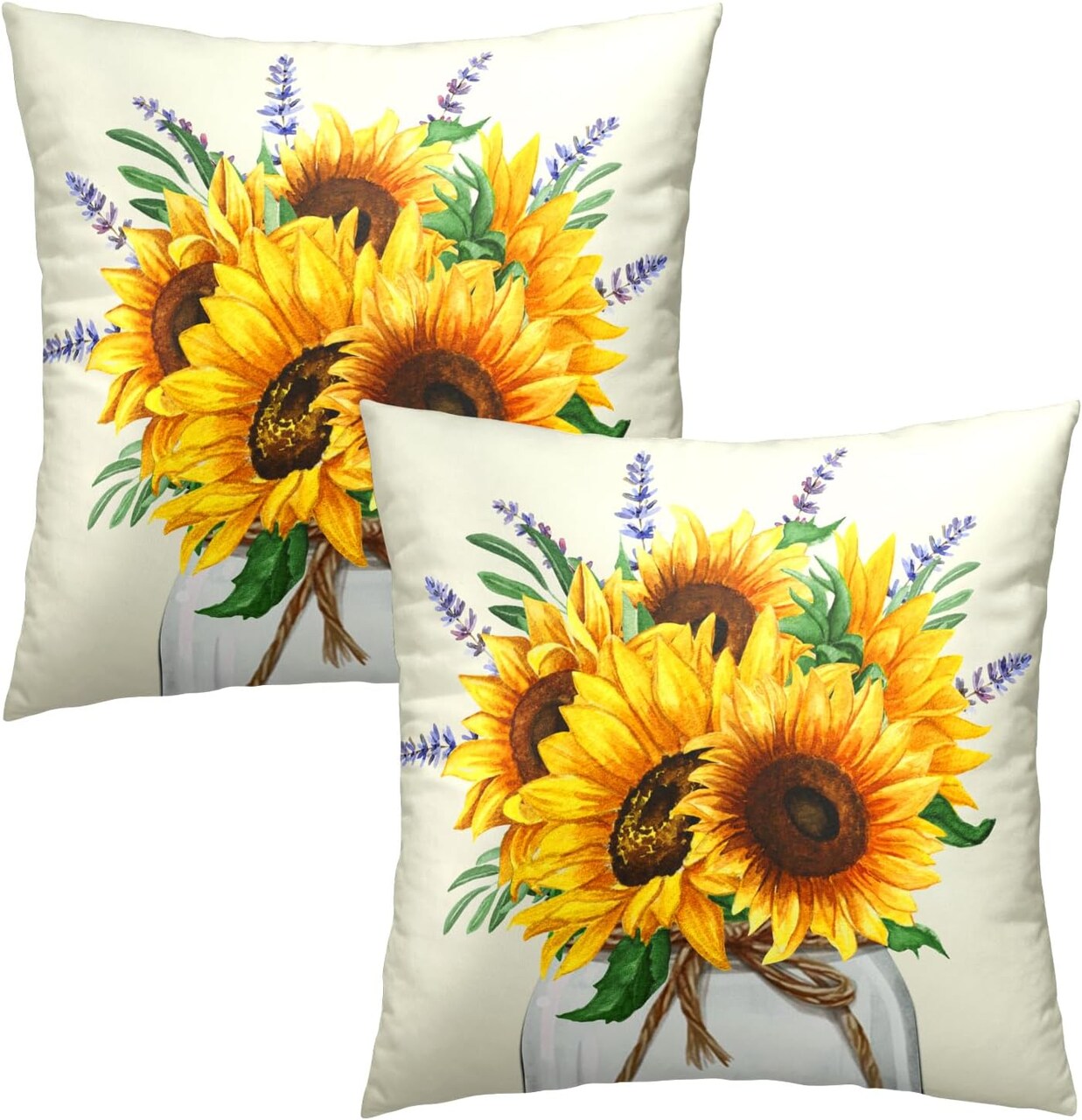 Set of 2 sunflower-themed throw pillow covers, 18×18 inches each, featuring nature-inspired summer floral designs—perfect for decorating couches, sofas, benches, living rooms, and bedrooms.